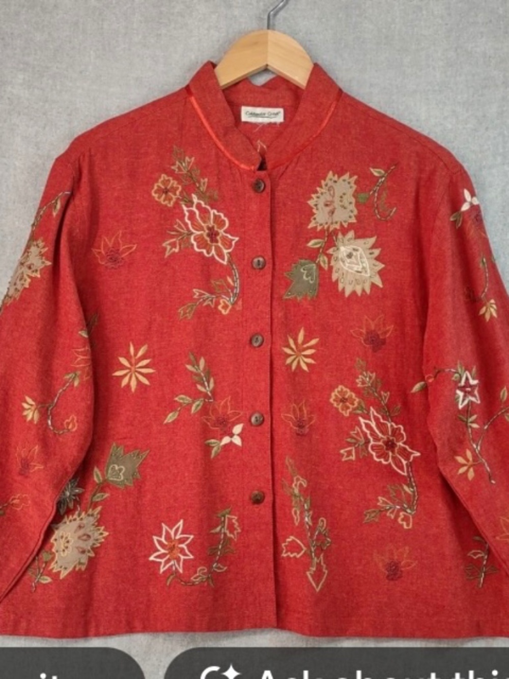 COLDWATER CREEK CORAL RED MANDARIN COLLAR FLORAL BEADED BUTTON DOWN BLAZER